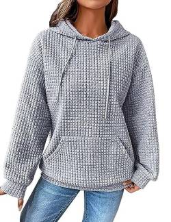 ABINGOO Damen Waffel Einfarbiges Kordelzug Kapuzenpullover Y2K Baggy Locker Pullover Leichte Drop Shoulder Hoodie mit Tasche(Grau,L) von ABINGOO