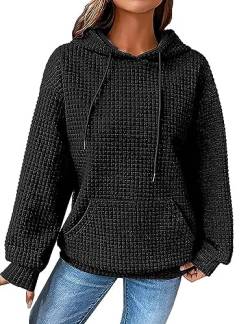 ABINGOO Damen Waffel Einfarbiges Kordelzug Kapuzenpullover Y2K Baggy Locker Pullover Leichte Drop Shoulder Hoodie mit Tasche(Schwarz,M) von ABINGOO