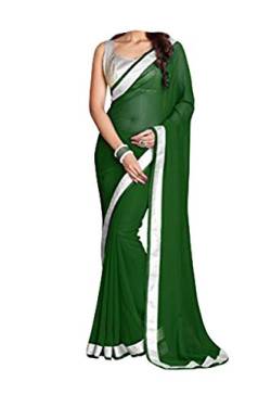 ABN Fashion Damen Faux Georgette Sari indisches ethnisches Kleid Hochzeit Sari mit ungenähter Bluse, Dunkelgrün und silberfarben, Einheitsgröße von ABN Fashion