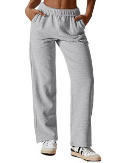 ABOCIW Damen Sweatpants mit Fleece gefüttert, weites Bein, elastisch, hohe Taille, Baggy, athletische Jogginghose mit Taschen, Grau, S von ABOCIW