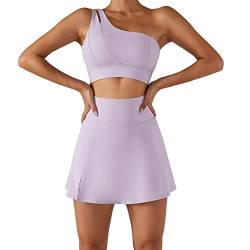 Damen Tennisröcke Sport BH Sets Hohe Taille Golf Skorts Rock One Shoulder Sport BH Laufen Workout Activewear, Flieder, Klein von ABOCIW