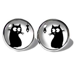 Comic Cat Katzen Ohrstecker ABOUKI Damen Mädchen Kind Kinder Edelstahl Ohrschmuck Motiv schwarze Katze Kätzchen handgefertigte Ohrringe silber-farben von ABOUKI