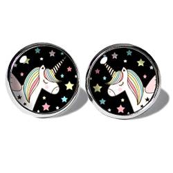 Einhorn Schwarz Ohrstecker ABOUKI Damen Mädchen Kind Kinder Edelstahl Ohrschmuck Motiv Einhörner Sterne Kawaii handgefertigte Ohrringe silber-farben von ABOUKI