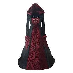 ABRTJCL Mittelalter Kleidung Damen Gothic Kleid Damen Lang mit Kapuze Übergröße Vintage Trompetenärmel Maxikleider Renaissance Party Festlich Cosplay Kleid Karneval Halloween Kostüm Rot M von ABRTJCL