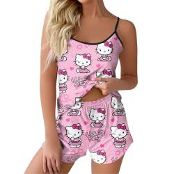 ABRTJCL Schlafanzüge für Damen Schlafanzug Damen Kurzarm Set Schlafanzug Damen Kurz Set träger Süßer Schlafanzug Damen Kurz Kuschel Pyjama Anime Schlafanzug Rosa M von ABRTJCL