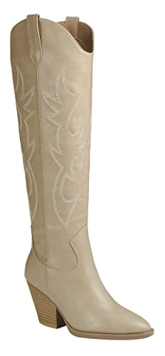 ABSOLEX Damen Western Cowboy Cowgirl Ponted Toe Mid-Calf Overknee Heel Stiefel, Taupe, 42 EU von ABSOLEX
