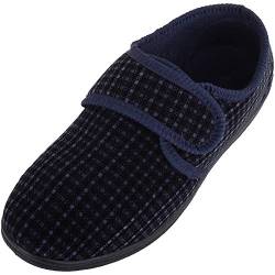 ABSOLUTE FOOTWEAR Herren Slipper, Velours-Optik, kariert, mit Klettverschluss, Blau - Navy - Größe: 40 2/3 EU von ABSOLUTE FOOTWEAR