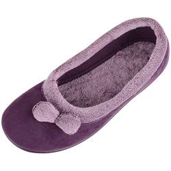 ABSOLUTE FOOTWEAR Weiche Damen-Hausschuhe aus Velours, zum Reinschlüpfen, Pompom-Design, für den Innenbereich, violett, 36 EU von ABSOLUTE FOOTWEAR