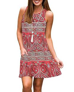 ABRAVO Sommerkleid Damen T-Shirt Kleider Casual Lose Tunika Kurzarm Boho Ärmellos Blumen Strand Kleider mit Taschen (M=EU 36-38, Rot-2) von ABYOVRT