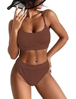 ABYOVRT Damen Bikini Bademode Hohe Taille Sommer Strand Swimsuit Bikini-Set Push Up Vintage Strandmode Zweiteiliger Swimwear 2023,Braun,S von ABYOVRT