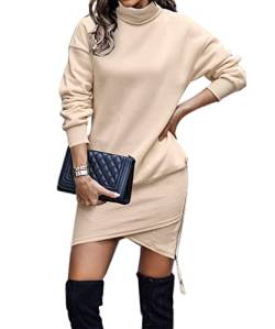 ABYOVRT Damen Kapuzenpullover Kleider Lang Rollkragen Warm Pulloverkleid Plüsch Sweatkleid Langarm Sweatshirt Freizeitkleid Herbst Winter,Aprikose,L von ABYOVRT