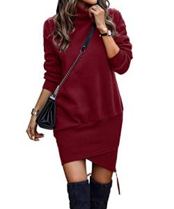 ABYOVRT Damen Kapuzenpullover Kleider Lang Rollkragen Warm Pulloverkleid Plüsch Sweatkleid Langarm Sweatshirt Freizeitkleid Herbst Winter,Weinrot,L von ABYOVRT