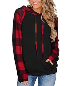 ABYOVRT Damen Kapuzenpullover Langarm Pullover Pulli Freizeit Sport Hoodie Kapuzenpulli Sweatshirt Plaid Sweater Top Oberteie,Plaid Rot,M von ABYOVRT