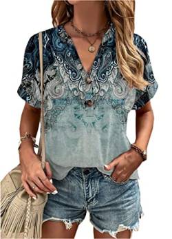 ABYOVRT Damen T-Shirt Kurzarm Blumenbedruckt V-Ausschnitt Sommer Bluse Casual Tunika Freizeitblusen Locker Oberteile Tops von ABYOVRT