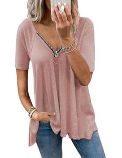 ABYOVRT Damen V-Ausschnitt Kurzarm Bluse Einfarbig Hemd Reißverschluss Casual Lose Baumwolle Tunika Tops Longshirt Hemd T-Shirt,Rosa,L von ABYOVRT