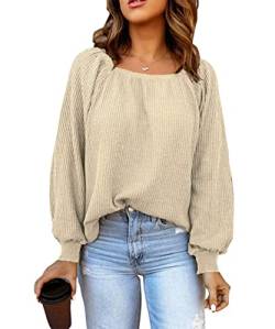 ABYOVRT Damen Waffelstrick Pullover Langarm Strickpullover Sweatshirt Tunika Shirt Lässig T-Shirt Quadratischer Kragen Casual Oberteile,Beige,L von ABYOVRT