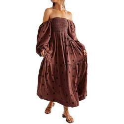 ABYOVRT Frauen Blumen bestickt Maxi Kleid Lange Puffärmel quadratischer Ausschnitt Bohemian Flowy Kleid mit Taschen gesmoktes Herbstkleid, Dunkelbraun, Klein von ABYOVRT