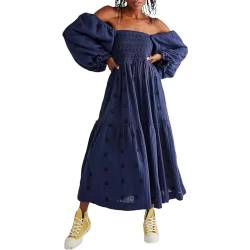 ABYOVRT Frauen Blumen bestickt Maxi Kleid Lange Puffärmel quadratischer Ausschnitt Bohemian Flowy Kleid mit Taschen gesmoktes Herbstkleid, Marineblau, Mittel von ABYOVRT