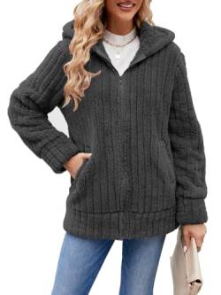 ABYOVRT Kapuzenjacke Damen Warm Mantel Teddy-Fleece Plüschjacke Hoodie Jacke mit Kapuze und Taschen Oversize Wintermantel Dicke Cardigan für Damen Kaputzenjacken Fleecejacke Outwear,Grau,L von ABYOVRT