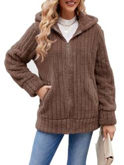 ABYOVRT Kapuzenjacke Damen Warm Mantel Teddy-Fleece Plüschjacke Hoodie Jacke mit Kapuze und Taschen Oversize Wintermantel Dicke Cardigan für Damen Kaputzenjacken Fleecejacke Outwear,Kaki,L von ABYOVRT