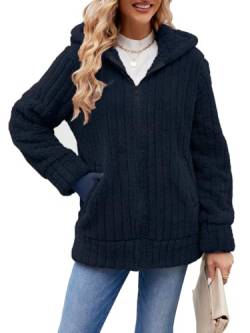 ABYOVRT Kapuzenjacke Damen Warm Mantel Teddy-Fleece Plüschjacke Hoodie Jacke mit Kapuze und Taschen Oversize Wintermantel Dicke Cardigan für Damen Kaputzenjacken Fleecejacke Outwear,Marineblau,XXL von ABYOVRT