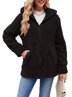 ABYOVRT Kapuzenjacke Damen Warm Mantel Teddy-Fleece Plüschjacke Hoodie Jacke mit Kapuze und Taschen Oversize Wintermantel Dicke Cardigan für Damen Kaputzenjacken Fleecejacke Outwear,Schwarz,M von ABYOVRT