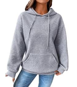 ABYOVRT Kapuzenpullover Damen Hoodie Langarm Casual Pullover Waffel Sweatshirt mit Kapuze Kordelzug Oberteil,Grau,L von ABYOVRT