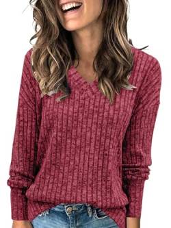 ABYOVRT Pullover Damen V-Ausschnitt Langarmshirt Lose Weich Rippstrick Lässige Strickpullover Oberteile Tunika Tops Pullover,Rose,S von ABYOVRT