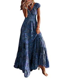 ABYOVRT Sommer Kleider Damen Sommerkleid Boho Lang Kleider Böhmisch Blumen Strandkleid V-Ausschnitt Freizeitkleider Kurzärmelig Maxikleider,Blau,S von ABYOVRT