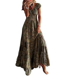 ABYOVRT Sommer Kleider Damen Sommerkleid Boho Lang Kleider Böhmisch Blumen Strandkleid V-Ausschnitt Freizeitkleider Kurzärmelig Maxikleider,Braun,M von ABYOVRT