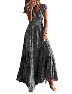 ABYOVRT Sommer Kleider Damen Sommerkleid Boho Lang Kleider Böhmisch Blumen Strandkleid V-Ausschnitt Freizeitkleider Kurzärmelig Maxikleider,Grau,M von ABYOVRT