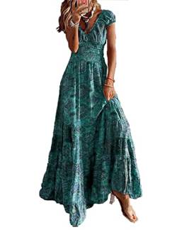 ABYOVRT Sommer Kleider Damen Sommerkleid Boho Lang Kleider Böhmisch Blumen Strandkleid V-Ausschnitt Freizeitkleider Kurzärmelig Maxikleider,Grün,M von ABYOVRT