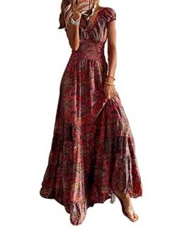 ABYOVRT Sommer Kleider Damen Sommerkleid Boho Lang Kleider Böhmisch Blumen Strandkleid V-Ausschnitt Freizeitkleider Kurzärmelig Maxikleider,Rot,M von ABYOVRT