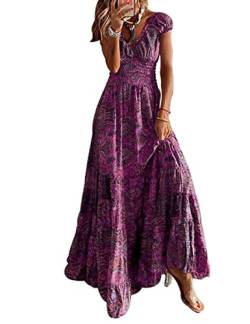 ABYOVRT Sommer Kleider Damen Sommerkleid Boho Lang Kleider Böhmisch Blumen Strandkleid V-Ausschnitt Freizeitkleider Kurzärmelig Maxikleider,Violett,L von ABYOVRT