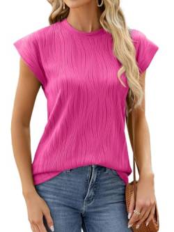 ABYOVRT Tshirt Damen Rundhals Kurzarm T-Shirt Kurzarm mit Flügelärmeln Solide Sommer Casual Tank Top Lockere Basic Mädchen Tee Shirts Oberteile Blusen,Rosa,M von ABYOVRT