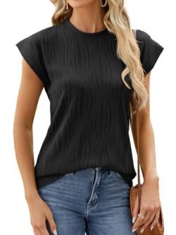 ABYOVRT Tshirt Damen Rundhals Kurzarm T-Shirt Kurzarm mit Flügelärmeln Solide Sommer Casual Tank Top Lockere Basic Mädchen Tee Shirts Oberteile Blusen,Schwarz,L von ABYOVRT