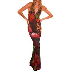 ABYOVRT Vintage Kleid für Frauen Floral Langes Kleid Sexy Rückenfrei Spaghettiträger Bodycon Maxikleid Ausgehen Formelles Kleid, G-multicolor, Klein von ABYOVRT