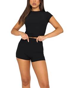 ABYOVRT Zweiteiler Damen Freizeit Set Sommer Loungewear Set Einfarbig T-Shirt High Waist Kurze Sporthose Sleepwear Yoga Jogginganzug Outfit Hausanzug Top Shorts Sets,Schwarz,M von ABYOVRT