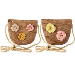 ACMEDE 2 PCS Kinder Mädchen Strohtasche Modische Blumen Crossbody Tasche Strand Handtasche Korbtasche Mini Tasche Princess Umhängetasche Sommer Schultertasche Mädchen Reise Geldbörse von ACMEDE