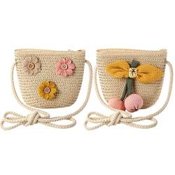 ACMEDE 2 PCS Kinder Mädchen Strohtasche Modische Blumen Crossbody Tasche Strand Handtasche Korbtasche Mini Tasche Princess Umhängetasche Sommer Schultertasche Mädchen Reise Geldbörse von ACMEDE