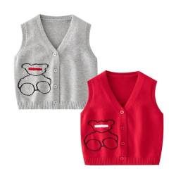 ACMEDE 2 Stück Set Baby V-Ausschnitt Pullunder Strickweste 62/68/74/80/86/92 Kinder Ärmellos Strickjacke Gestrickte mit Bärenmotiv gr. 98/104/110 Kinder Pullunder Gestrickte Weste von ACMEDE