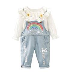 ACMEDE 2tlg Baby Mädchen Kleidung Set Baby Mädchen Bluse mit Volantkragen Baby Regenbogen Jeans Latzhose mit Engelsflügeln Sommer Jeans Overalls Strampler Bodysuit Jumpsuit Gr. 70/74/80/86/92/98/100 von ACMEDE