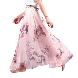 ACMEDE Damen Frauen Lang Chiffon Bohemien Bodenlang Maxi Rock Chiffon Blumenmuster Maxirock Lang A Linie Strandrock Elegant Frühling Sommer Swing Röcke von ACMEDE