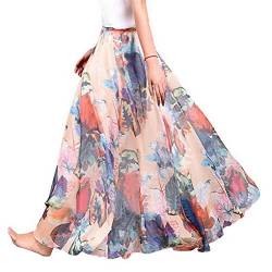 ACMEDE Damen Frauen Lang Chiffon Bohemien Bodenlang Maxi Rock Chiffon Blumenmuster Maxirock Lang A Linie Strandrock Elegant Frühling Sommer Swing Röcke von ACMEDE