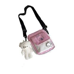 ACMEDE Kawaii Schultertasche Umhängetasche Mädchen, Süß Canvas Niedlich Mädchen Messenger Satchel mit Bunny-Aufkleber und Bär Anhänger, adretten Stil Frauen Handtasche Geldbörse (Rosa) von ACMEDE