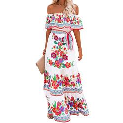 ACOSAP Damen Mexikanisches Kleid Sommer Blumendruck Schulterfrei Ärmellos Strand Lang Maxikleid, Weißes Chiffon (mit Futter), Klein von ACOSAP