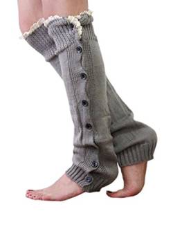 ACVIP Damen Gestrickt Beinstulpen Kniestrümpfe Winter Stiefel Socken mit Spitzen Knopf(Hellgrau) von ACVIP