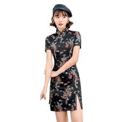 ACVIP Damen Minikleid Kurzärmelige Cheongsam Blumen Drucken Schlitz Qipao Abendkleider(Schwarz,2XL:Brustumfang 100cm) von ACVIP