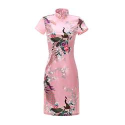 ACVIP Damen Pfau-Muster Kurzes Cheongsam Qipao Retro Chinesisches Bankettkleid Partykleid(China 4XL/EU 44,Rosa) von ACVIP