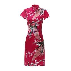ACVIP Damen Pfau-Muster Kurzes Cheongsam Qipao Retro Chinesisches Bankettkleid Partykleid(China XL/EU 38,Rose rot) von ACVIP
